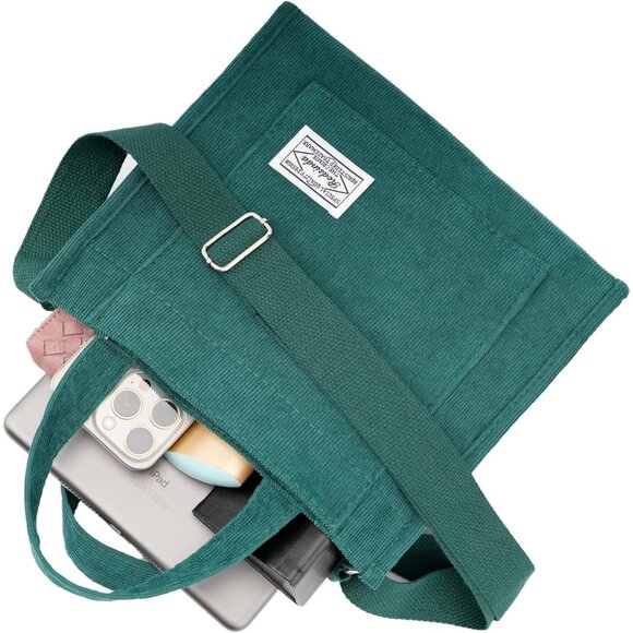 Vintage Green Corduroy Small Crossbody Tote Bag - Soft, Stylish, Multi-Purpose - Picture 2 of 6